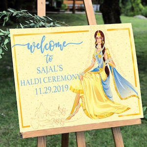 Indian Haldi ceremony, Welcome sign, Haldi sign, Indian wedding sign, haldi decor, yellow and blue, Indian Wedding decor