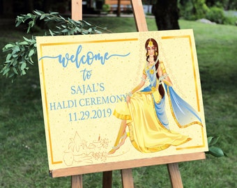 Indian Haldi ceremony, Welcome sign, Haldi sign, Indian wedding sign, haldi decor, yellow and blue, Indian Wedding decor