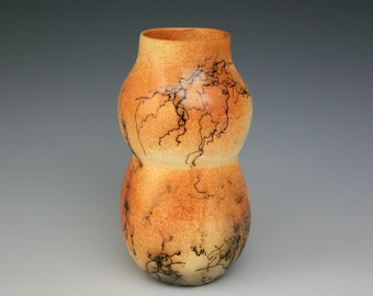 Raku Pottery "Horsehair Golden Rubenesque Vessel", A Handsome Vase made with Authentic Horsehair from the Tail, Exceptional Home Decor