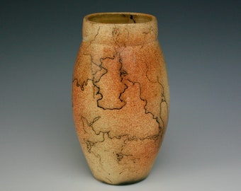 Raku Pottery "Horsehair Golden Vessel", A Handsome Vase made with Authentic Horsehair from the Tail, Unique Pottery Vase