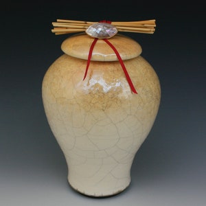 Raku Pottery Vase: &quot;Red Thread Vessel&quot; - Golden Raku Urn (175 Cubic Inches)
