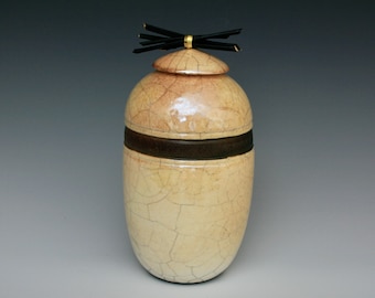 Raku Pottery "Banded Treasure", Glorious Golden Raku Vessel Accented with Black Textured Band, Exquisite Artpiece, Precious Urn