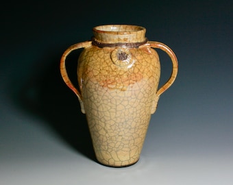 Raku Pottery, "Golden Medallion Vase", Gorgeous Golden Raku Pottery Vase, Handmade by Artist, Perfect for your Home, FREE SHIPPING