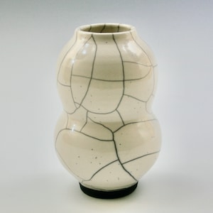 May include: A white ceramic vase with a crackle glaze and a black base. The vase has a rounded, bulbous shape.