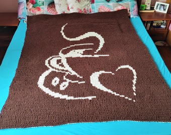 Coperta in ciniglia a maglia marrone e bianca per gli amanti del caffè con due facce