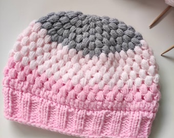 Cappello berretto all'uncinetto Bubble rosa e grigio