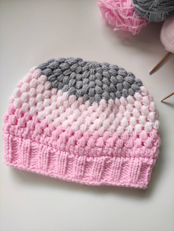 Crochet Pink and Gray Beanie Pink Crochet Plaid Slouchy - Whistle and Ivy main image 4