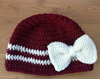 Fatto a mano Crochet Baby / Kid / Ragazza / Donna Beanie Darkred Cappello con Nastro bianco a maglia