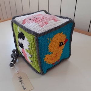 Crochet baby sensory soft cube with animals from the farm