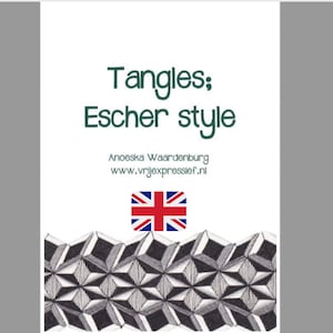 Op de afbeelding: Een zwart-wit geometrisch patroon in Escher-stijl. De tekst "Tangles: Escher style" staat bovenaan de afbeelding. De tekst "Anoeska Waardenburg" en "www.vrjexpresslief.nl" staat onder het patroon. Een Britse vlag staat in het midden van de afbeelding.