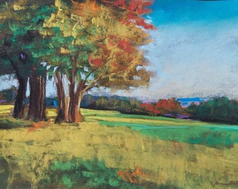 Early Autumn Tree - ORIGINAL pastel drawing, landscape painting, Early Autumn Tree