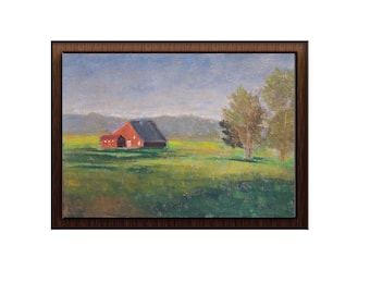 Grange rouge - peinture pastel douce originale, dessin pastel de grange rouge, paysage