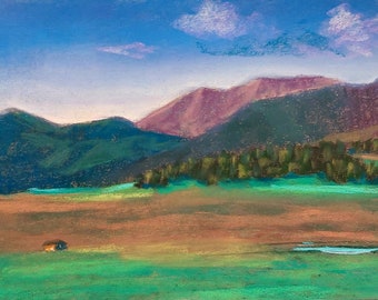 Sunset Over the Mountains - Original Soft Pastel Painting, Pastel Drawing, landscape