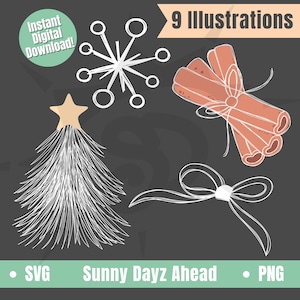 Könnte beinhalten: Neun Illustrationen von Objekten mit Urlaubs-Thema auf dunklem Hintergrund. Die Illustrationen umfassen einen Weihnachtsbaum, eine Schneeflocke, Zimtstangen und eine Schleife. Text enthält "Instant Digital Download!", "9 Illustrations", "SVG", "Sunny Dayz Ahead" und "PNG".