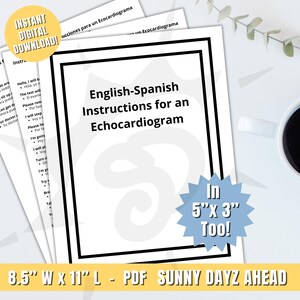 Instrucciones de examen imprimibles para ecografistas cardíacos en PDF, instrucciones de prueba paso a paso en español de Echo Tech, porta credencial de identificación