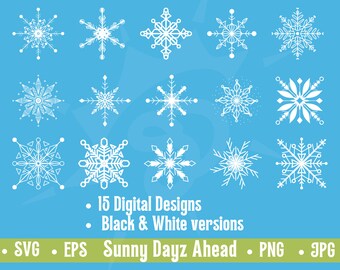 Może przedstawiać: Kolekcja 15 białych wzorów płatków śniegu na jasnoniebieskim tle. Obraz zawiera tekst "15 Digital Designs" i "Black & White versions". Formaty: SVG, EPS, PNG i JPG.