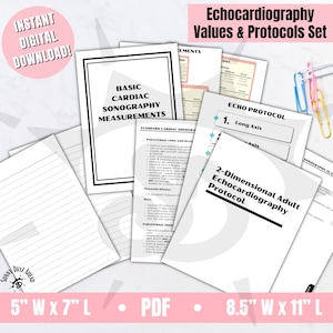 May include: A set of printable PDF documents for echocardiography, including basic cardiac sonography measurements, a standard cardiac sonogram plan, and a 2-dimensional adult echocardiography protocol. The documents are 12.7 cm wide by 17.8 cm long and 21.6 cm wide by 27.9 cm long.