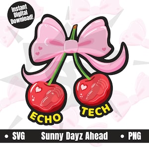Puede incluir: Un gráfico digital con dos cerezas rojas con un lazo rosa y tallos verdes. Cada cereza tiene un corazón y una huella. Las palabras "ECHO" y "TECH" son amarillas. El texto dice "¡Descarga digital instantánea!" y "Sunny Dayz Ahead".