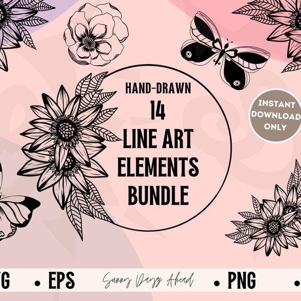 14 Botanical Line Art Floral Clipart, Vector Art, SVG Files for Cricut, Butterfly SVG, Floral Ring