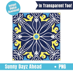 May include: A square tile with a symmetrical floral design in navy blue, yellow, and white. The tile has a light blue border and the text "Sunny Dayz Ahead" and "In Transparent Too!" are visible.