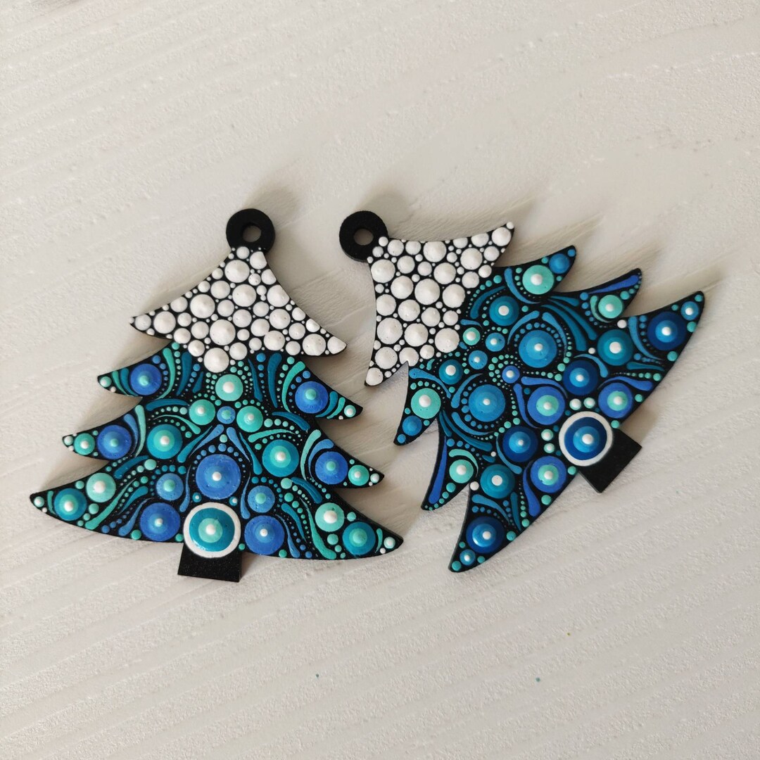Set of Two Blue Christmas Tree Ornaments on Wood in Shape of a Etsy