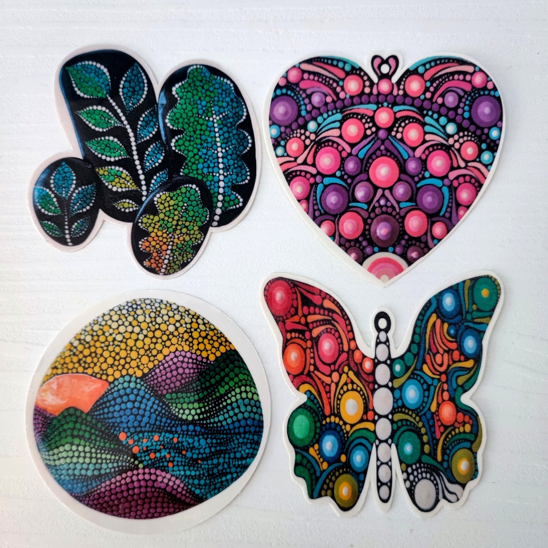 Set of Four (4) Art Stickers on Glossy Paper, Cca 3,5