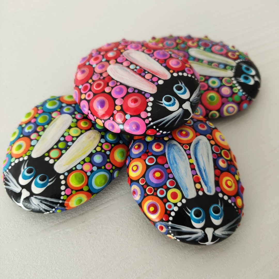 Set of 4 Easter Bunnies on a Colourful Rock, Easter Rock Bunny ...