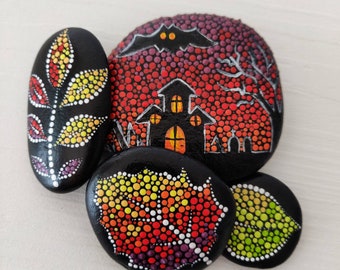 Set of 4 Halloween Stones, Dot Art Halloween Painted Rock, Fairy Garden, Gift, Halloween collectible, Scary decoration for Halloween