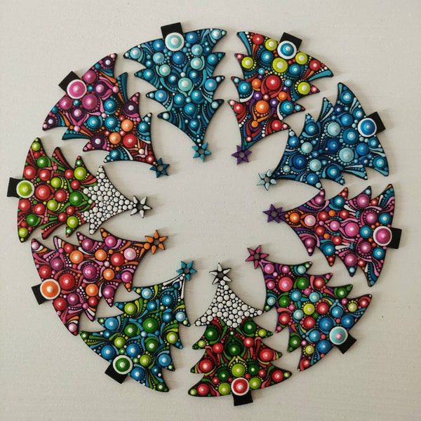 Custom Christmas tree ornaments on wood in shape of a tree, mandala on Christmas ornaments Dotart Dotilism Pointilism Christm