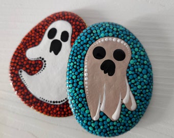 Set of two halloween ghost stones, Dot Art Halloween Painted Rock, Fairy Garden, Gift, Halloween collectible, Scary decoration for Halloween