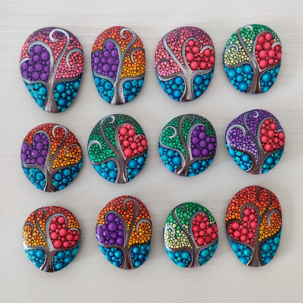 SET of 2 Mini Tree of Life rocks, Dot Art Painted stone, Friends charm gift, Wedding favor, painted rock Fairy garden marker decoration