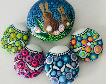 Easter bunny and four eggs, Easter rock bunny decoration, Happy Easter bunny gift, Dotart Easter bunny Ostern Ei Dotilism