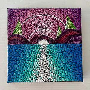 Pink Sky Dot Art Painting - Original Blue Purple Acrylic Landscape Decor on Canvas, 15x15cm