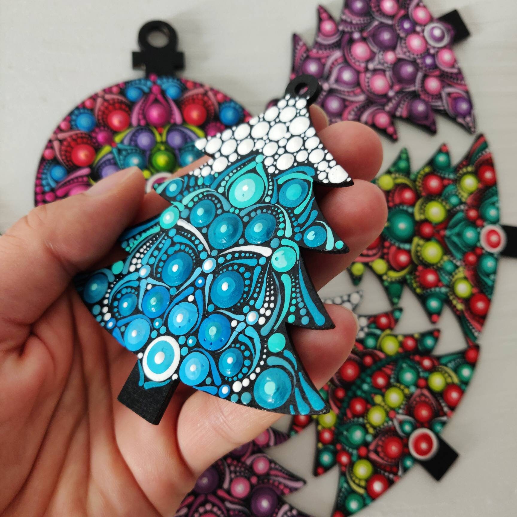 Set of two blue Christmas tree ornaments on wood in shape of a Etsy