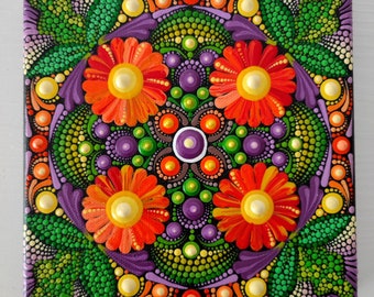 Peinture originale de Mandala de tournesol sur toile, ornement de maison de mandala, mandala de fleurs 15x15cm
