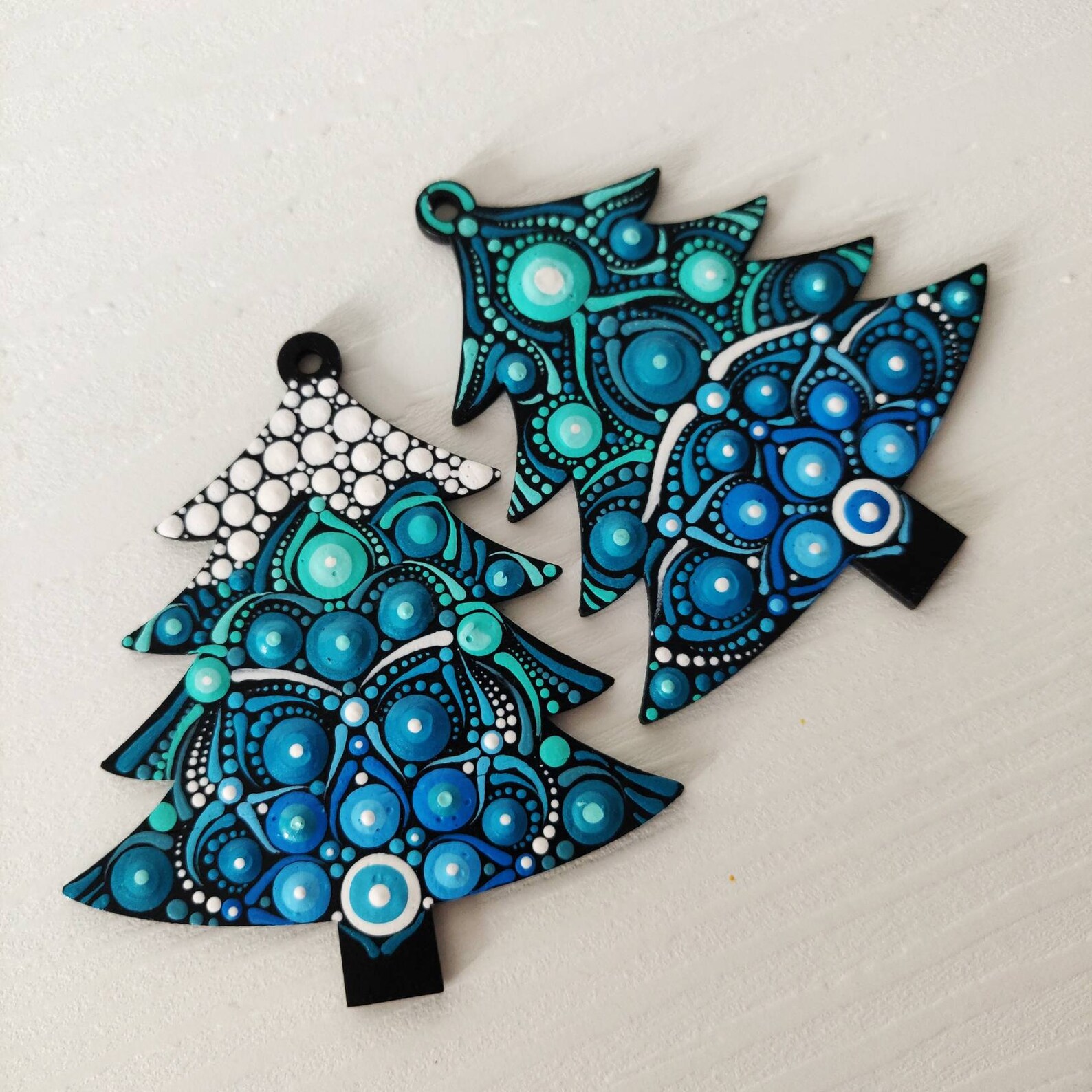 Set of Two Blue Christmas Tree Ornaments on Wood in Shape of a Etsy