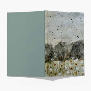 May include: A two-panel artwork. One panel is solid sage green. The other panel features a landscape with dark trees, a field of white and yellow flowers, and a speckled gray sky. The artwork is displayed on a white background.