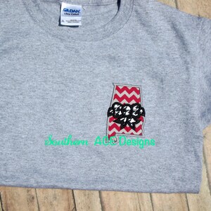 Adult/Children t-shirt with appliqué state of Alabama with crimson and gray chevron with a houndstooth bow