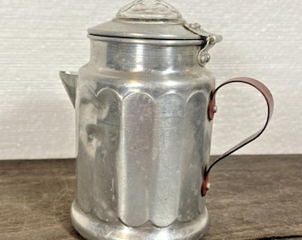Vintage Miniature Aluminum Coffee Percolator Red Handle Glass Knob, 4" Tall
