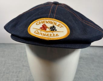Gorra estilo Newsboy de mezclilla Chevrolet Corvette vintage con parche, ajustable, usada.