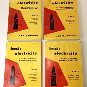 May include: Four vintage books titled "Basic Electricity" by Van Valkenburgh, Nooger & Neville, Inc. Each book has a yellow cover with red accents and a black graphic. The volumes are numbered 1, 2, 4, and 5, and published by a RIDER publication.