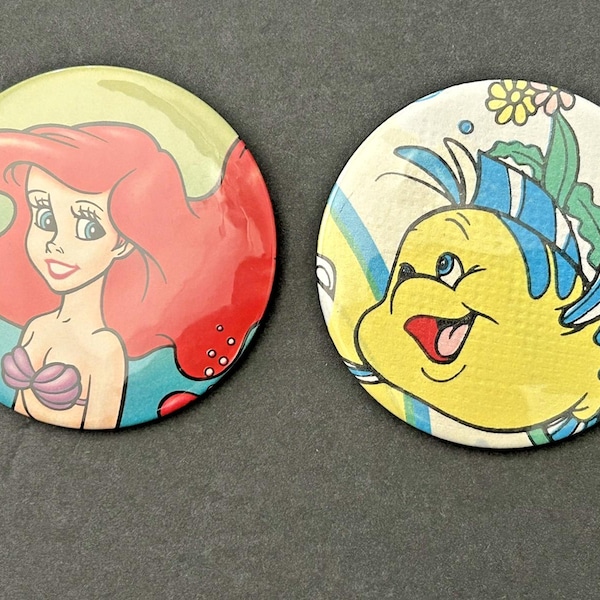 Two 3" Vintage Little Mermaid Pin Buttons, Ariel & Flounder, Pre-Owned