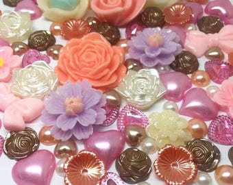 60 x Mixed Flat backs Hearts Resin Pearls Bow Flower Embellishments Cabochon