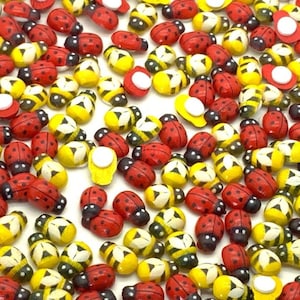 Op de afbeelding: Een verzameling houten lieveheersbeestje- en bijencharms. De charms zijn geschilderd in felle kleuren rood, geel en zwart. Ze zijn perfect om een ​​tikje whimsy toe te voegen aan knutselen, scrapbooking en andere projecten.