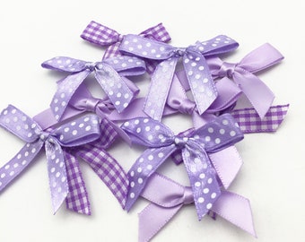 60 x Lilac Satin Ribbon Pre Tied Embellishment Bows Craft Wedding Scrapbooking Gingham, Plain and Spotted