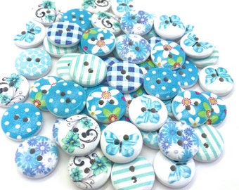 50 x 15mm Blue Themed Designs Of Wooden Buttons Random Mix Designs Scrapbook Cards Craft Embellishments