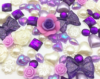 100 x Mixed Flatbacks Ivory Lilac Purple tones cardmaking craft embellishments