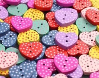 100 x Heart Spottted Buttons wood wooden 15mm Mixed colours craft sewing heart