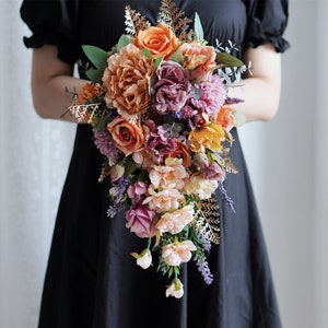 Cascading Bridal Bouquet,Autumn Burnt Peach Orange Persimmon Greenery Rustic Boho Bouquet for Classic Wedding