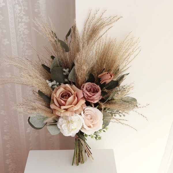 Rustic boho Wedding Bouquet,Artificial Faux Flowers Home Wedding Decor,bridal bridesmaids bouquets,Pampas grass bouquet